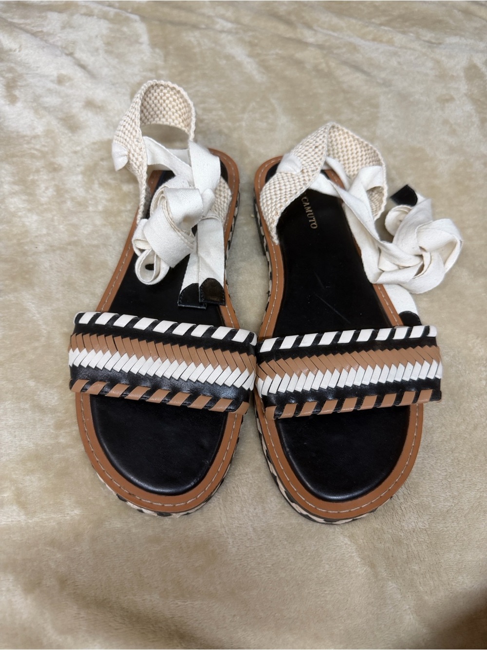 Vince Camuto Women's Black and Tan Braided Strap Sandals with Cream Ankle Ties - Picture 2 of 16